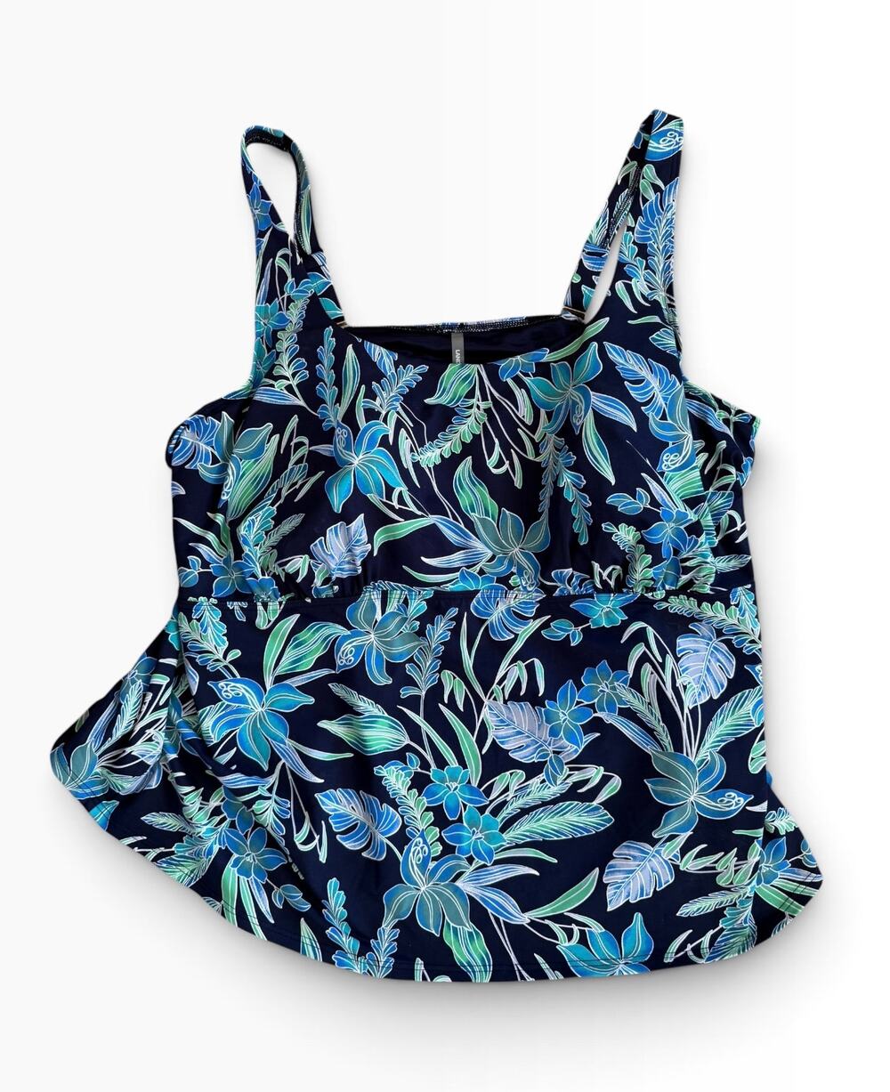 Lands' End Underwire Tankini Swim Top 26W Blue Green Floral Square Neck Plus
